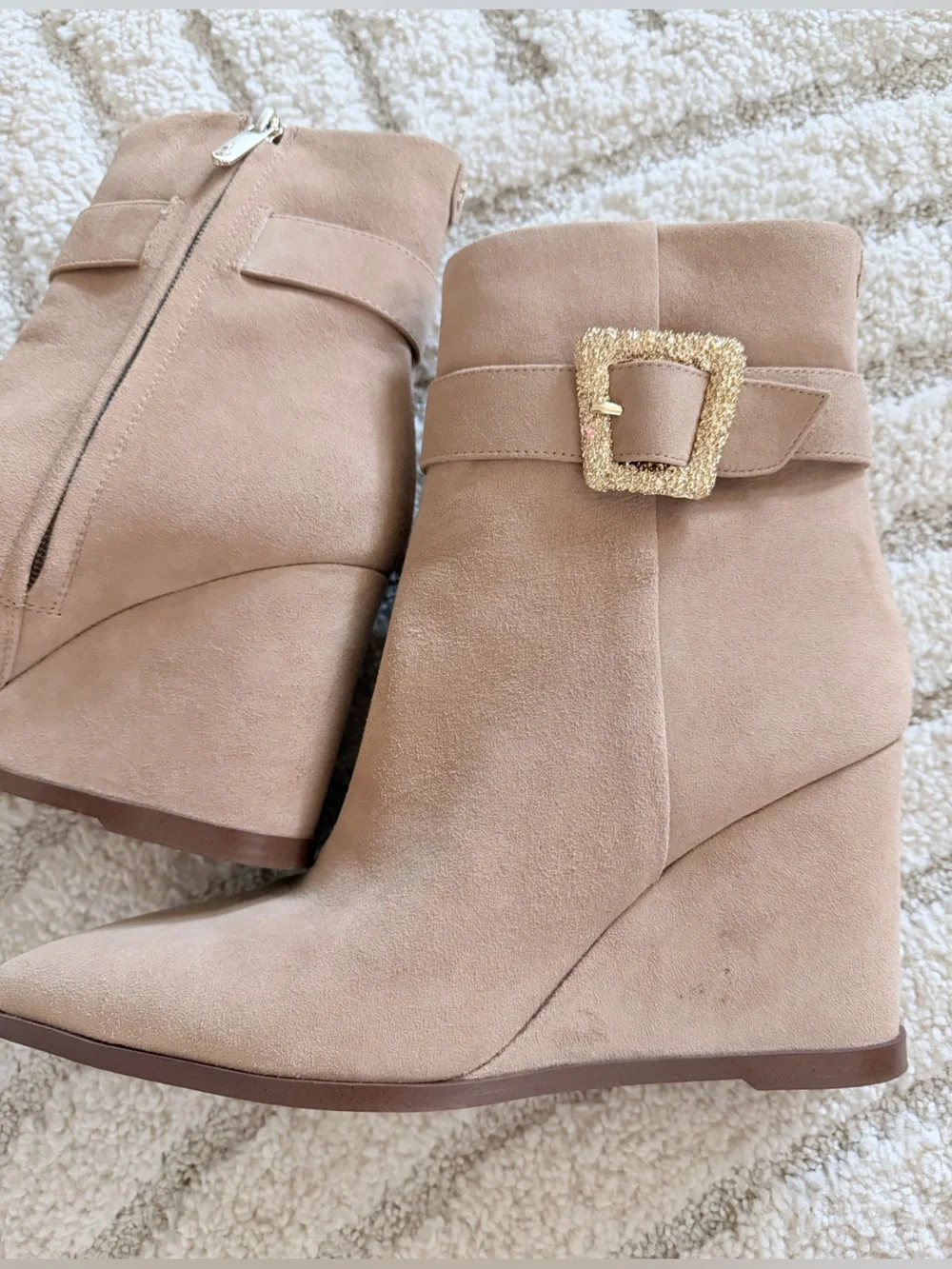 Sam Edelman Tan Wedge Ankle Boots with Decorative Buckle